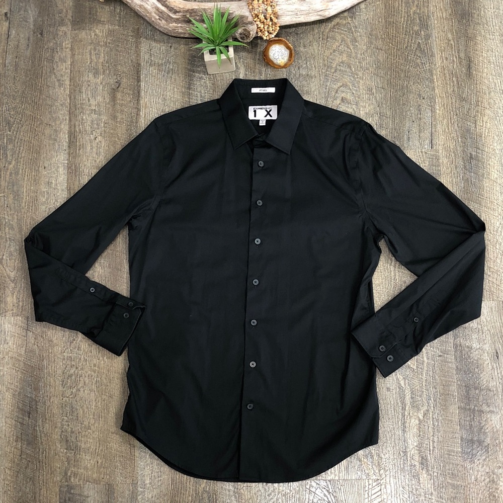 Express Men 1MX Black Fitted Dress Shirt Button Down 15-15.5 Size Medium